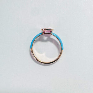 14K Pink Spinel with Blue Enamel Ring