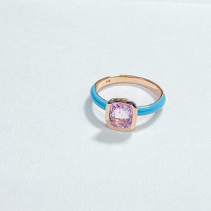 14K Pink Spinel with Blue Enamel Ring