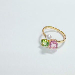 14K Green Tourmaline & Pink Spinel Pearl Ring