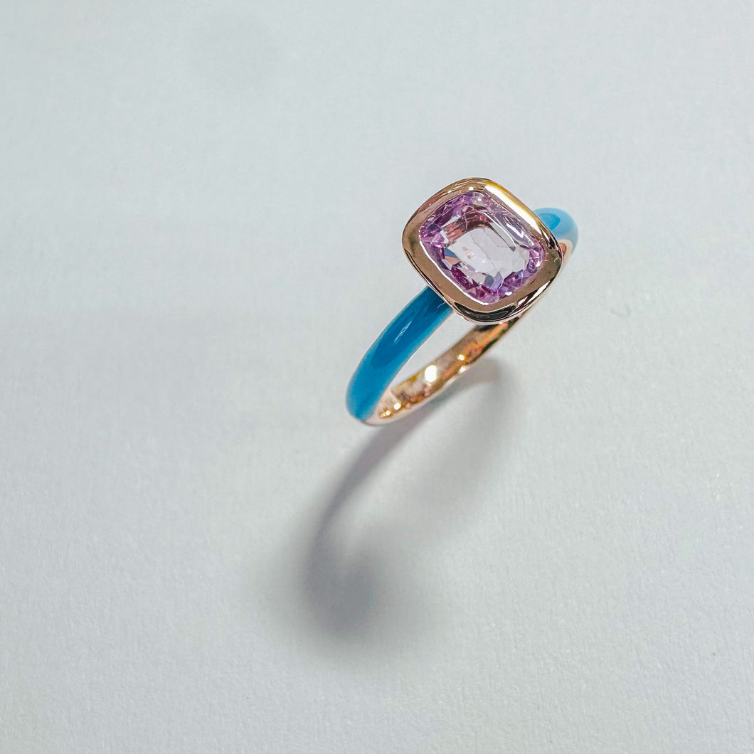 14K Pink Spinel with Blue Enamel Ring