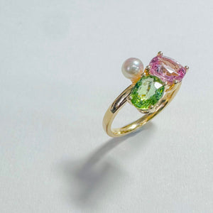 14K Green Tourmaline & Pink Spinel Pearl Ring